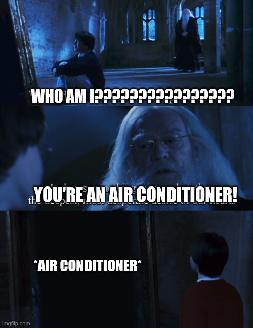 Harry potter mirror | WHO AM I???????????????? YOU'RE AN AIR CONDITIONER! *AIR CONDITIONER* | image tagged in harry potter mirror | made w/ Imgflip meme maker