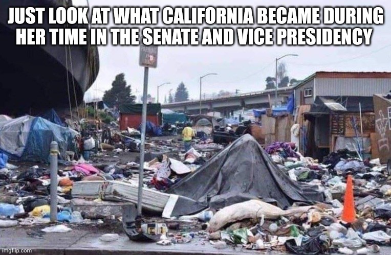 california tent city | JUST LOOK AT WHAT CALIFORNIA BECAME DURING HER TIME IN THE SENATE AND VICE PRESIDENCY | image tagged in california tent city | made w/ Imgflip meme maker