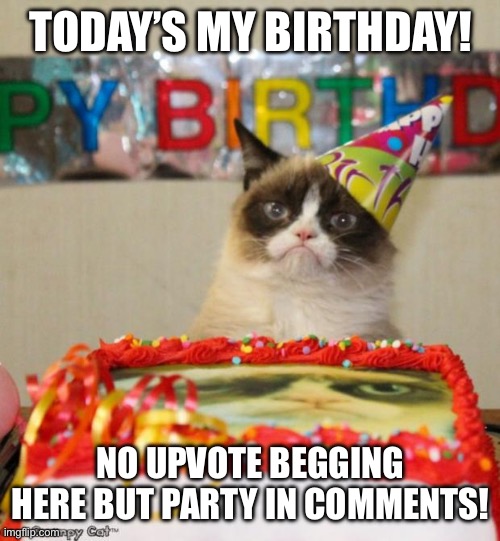 :) | TODAY’S MY BIRTHDAY! NO UPVOTE BEGGING HERE BUT PARTY IN COMMENTS! | image tagged in memes,grumpy cat birthday,grumpy cat | made w/ Imgflip meme maker