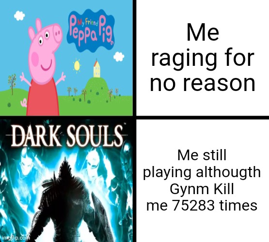 Peppa Pig x Dark Souls | Me raging for no reason; Me still playing althougth Gynm Kill me 75283 times | image tagged in peppa pig x dark souls | made w/ Imgflip meme maker