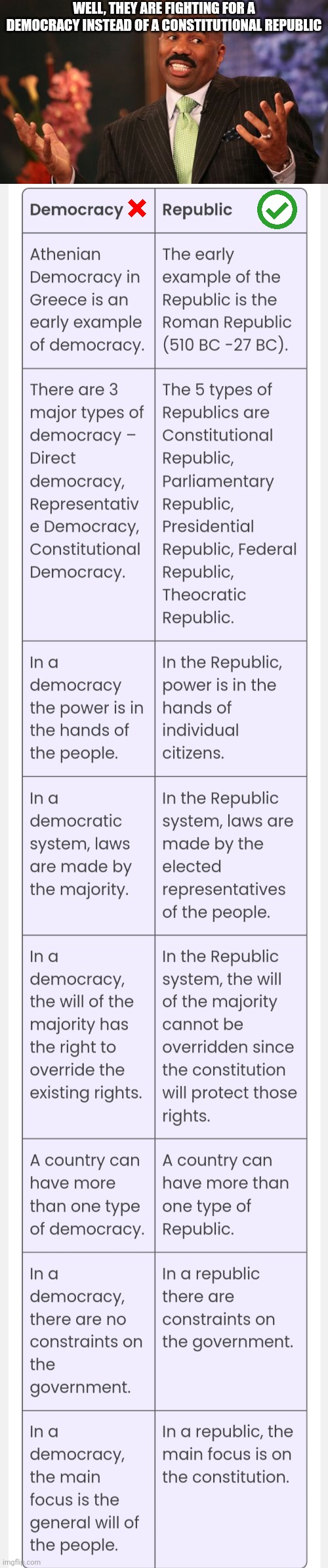 WELL, THEY ARE FIGHTING FOR A DEMOCRACY INSTEAD OF A CONSTITUTIONAL REPUBLIC | image tagged in memes,steve harvey | made w/ Imgflip meme maker