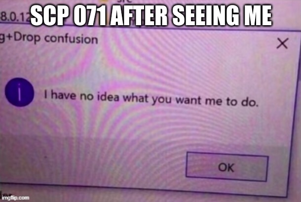 I have no idea what you want me to do | SCP 071 AFTER SEEING ME | image tagged in i have no idea what you want me to do | made w/ Imgflip meme maker