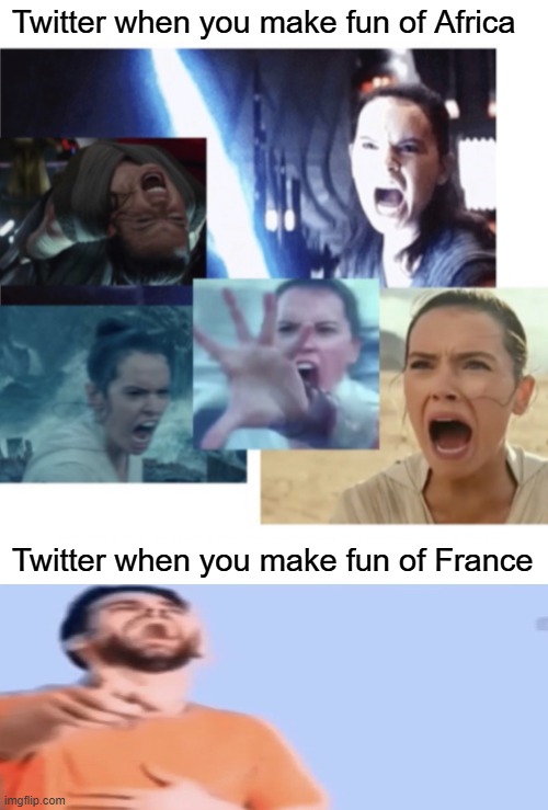 or Britain | Twitter when you make fun of Africa; Twitter when you make fun of France | image tagged in rage vs calm | made w/ Imgflip meme maker