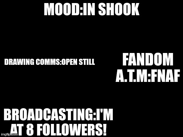 Chart- | MOOD:IN SHOOK; DRAWING COMMS:OPEN STILL; FANDOM A.T.M:FNAF; BROADCASTING:I'M AT 8 FOLLOWERS! | image tagged in announcement,lgbtq,lesbian | made w/ Imgflip meme maker