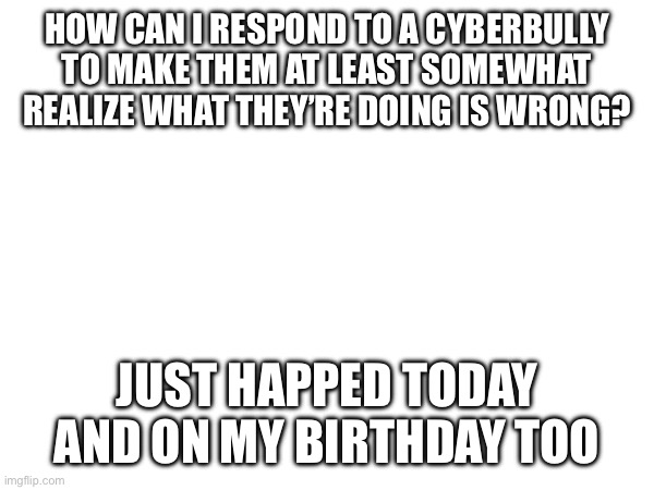 HOW CAN I RESPOND TO A CYBERBULLY TO MAKE THEM AT LEAST SOMEWHAT REALIZE WHAT THEY’RE DOING IS WRONG? JUST HAPPED TODAY AND ON MY BIRTHDAY TOO | made w/ Imgflip meme maker