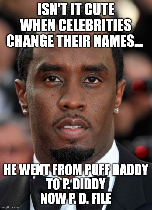 Diddy | ISN'T IT CUTE WHEN CELEBRITIES CHANGE THEIR NAMES... HE WENT FROM PUFF DADDY
TO P. DIDDY
NOW P. D. FILE | image tagged in diddy | made w/ Imgflip meme maker