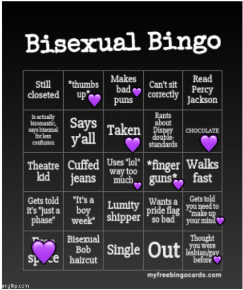 Bisexual bingo (no bingo) (pretend the box that says out has a purple heart on it.) | 💜; 💜; 💜; 💜; 💜; 💜; 💜; 💜; 💜 | image tagged in bisexual bingo,bisexual,bingo,lgbtq | made w/ Imgflip meme maker