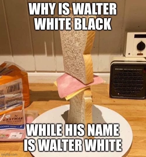 Standwich | WHY IS WALTER WHITE BLACK; WHILE HIS NAME IS WALTER WHITE | image tagged in standwich,walter white,breaking bad | made w/ Imgflip meme maker