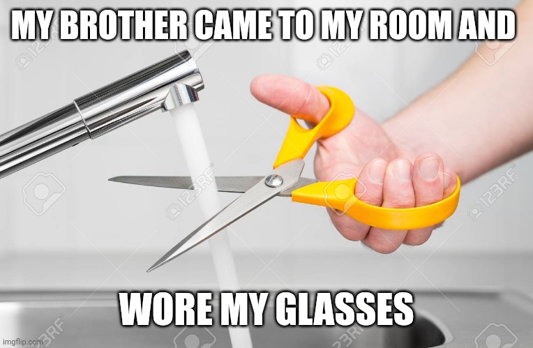 cutting water with scissors | MY BROTHER CAME TO MY ROOM AND; WORE MY GLASSES | image tagged in cutting water with scissors | made w/ Imgflip meme maker