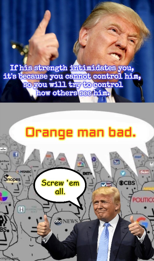 Not-So-Swift-Meme (Go Trump 2024!) | If his strength intimidates you, 
it's because you cannot control him, 
so you will try to control
how others see him. Orange man bad. Screw 'em
all. | image tagged in donald trump,npc media | made w/ Imgflip meme maker