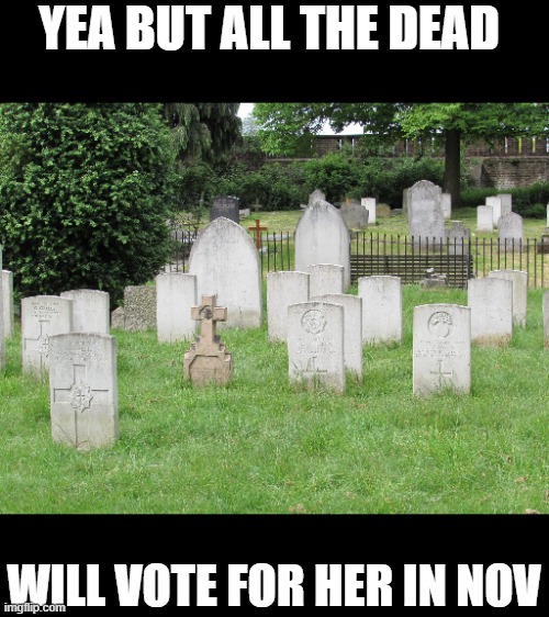 Grave yard | YEA BUT ALL THE DEAD WILL VOTE FOR HER IN NOV | image tagged in grave yard | made w/ Imgflip meme maker