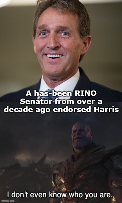 Extra slice of pie for anyone who can even remember his name. | A has-been RINO Senator from over a decade ago endorsed Harris | image tagged in has-been,rino,nevertrump,thanos,forgotten | made w/ Imgflip meme maker