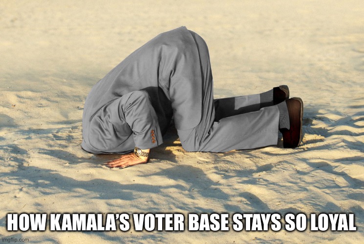 head in sand | HOW KAMALA’S VOTER BASE STAYS SO LOYAL | image tagged in head in sand | made w/ Imgflip meme maker