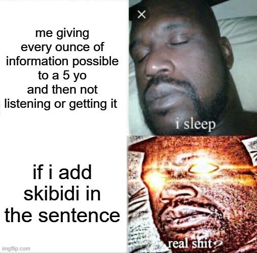 Sleeping Shaq | me giving every ounce of information possible to a 5 yo and then not listening or getting it; if i add skibidi in the sentence | image tagged in memes,sleeping shaq | made w/ Imgflip meme maker