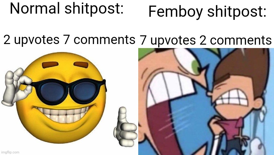 honestly | Normal shitpost:; Femboy shitpost:; 2 upvotes 7 comments; 7 upvotes 2 comments | made w/ Imgflip meme maker
