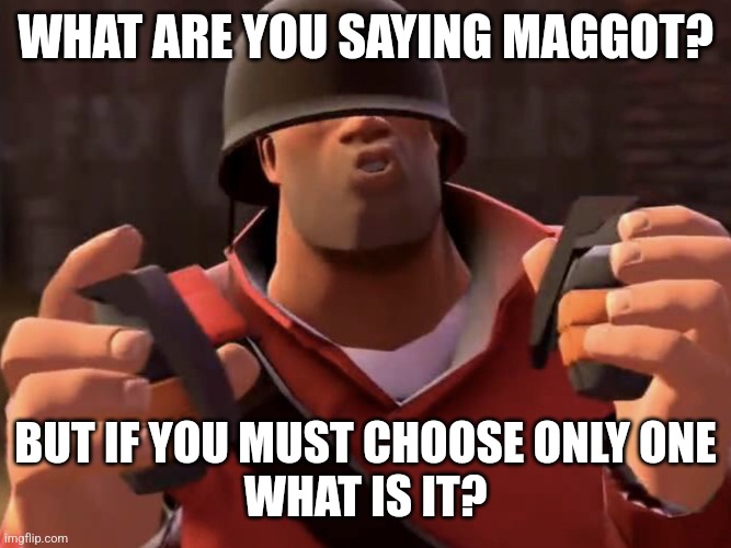 Tf2 soldier | WHAT ARE YOU SAYING MAGGOT? BUT IF YOU MUST CHOOSE ONLY ONE
WHAT IS IT? | image tagged in tf2 soldier | made w/ Imgflip meme maker