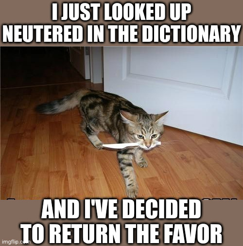 It's for your own good, right? | I JUST LOOKED UP NEUTERED IN THE DICTIONARY; AND I'VE DECIDED TO RETURN THE FAVOR | image tagged in neutered | made w/ Imgflip meme maker