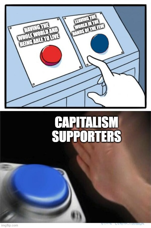 yes | LEAVING THE WORLD IN THE HANDS OF THE FEW; HAVING THE WHOLE WORLD AND BEING ABLE TO LIVE; CAPITALISM SUPPORTERS | image tagged in two buttons 1 blue,capitalism | made w/ Imgflip meme maker