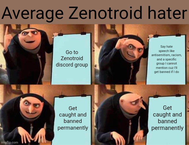 Zenotroid is family friendly people | Average Zenotroid hater; Go to Zenotroid discord group; Say hate speech like antisemitism, racism, and a specific group I cannot mention cuz I'll get banned if I do; Get caught and banned permanently; Get caught and banned permanently | image tagged in memes,gru's plan | made w/ Imgflip meme maker