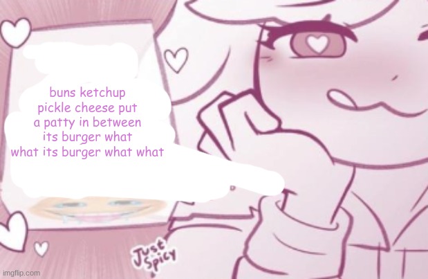 buns ketchup pickle cheese put a patty in between its burger what what its burger what what | made w/ Imgflip meme maker