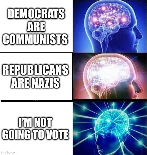 Expanding brain 3 panels | DEMOCRATS ARE COMMUNISTS; REPUBLICANS ARE NAZIS; I’M NOT GOING TO VOTE | image tagged in expanding brain 3 panels | made w/ Imgflip meme maker