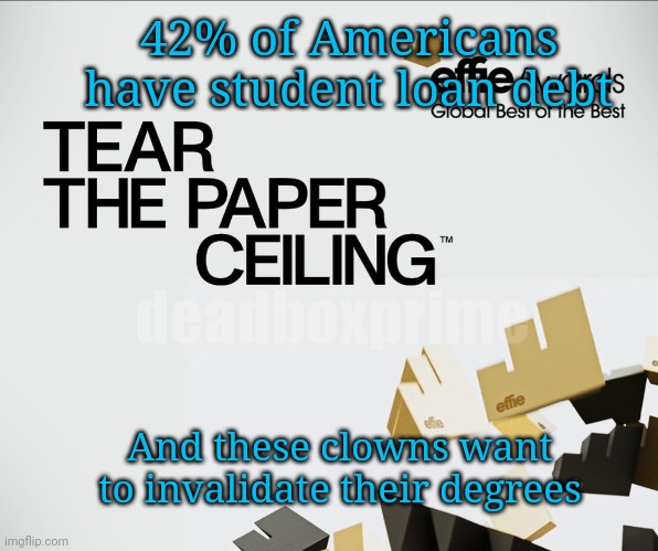 42% of Americans have student loan debt; deadboxprime; And these clowns want to invalidate their degrees | made w/ Imgflip meme maker