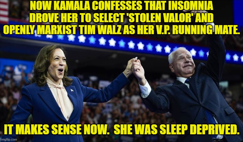 It's all coming together now . . . alas. | NOW KAMALA CONFESSES THAT INSOMNIA DROVE HER TO SELECT 'STOLEN VALOR' AND OPENLY MARXIST TIM WALZ AS HER V.P. RUNNING MATE. IT MAKES SENSE NOW.  SHE WAS SLEEP DEPRIVED. | image tagged in yep | made w/ Imgflip meme maker