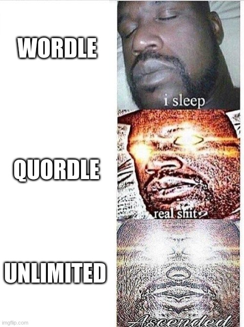 I sleep meme with ascended template | WORDLE; QUORDLE; UNLIMITED | image tagged in i sleep meme with ascended template | made w/ Imgflip meme maker