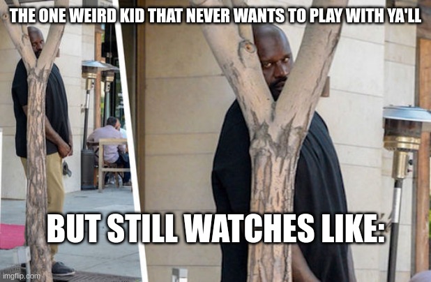 Shaq hiding | THE ONE WEIRD KID THAT NEVER WANTS TO PLAY WITH YA'LL; BUT STILL WATCHES LIKE: | image tagged in shaq hiding | made w/ Imgflip meme maker