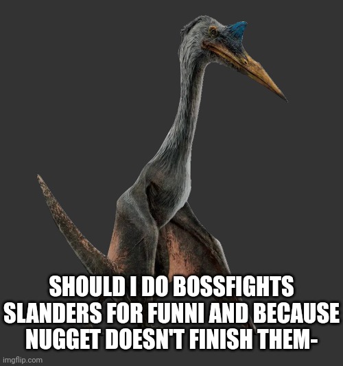 Quetzalcoatlus | SHOULD I DO BOSSFIGHTS SLANDERS FOR FUNNI AND BECAUSE NUGGET DOESN'T FINISH THEM- | image tagged in quetzalcoatlus | made w/ Imgflip meme maker