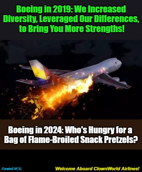 Welcome Aboard ClownWorld Airlines! | Boeing in 2019: We Increased 

Diversity, Leveraged Our Differences, 

to Bring You More Strengths! Boeing in 2024: Who's Hungry for a 

Bag of Flame-Broiled Snack Pretzels? OzwinEVCG; Welcome Aboard ClownWorld Airlines! | image tagged in boeing,dei,clown world,then and now,myth of progress,be prepared | made w/ Imgflip meme maker