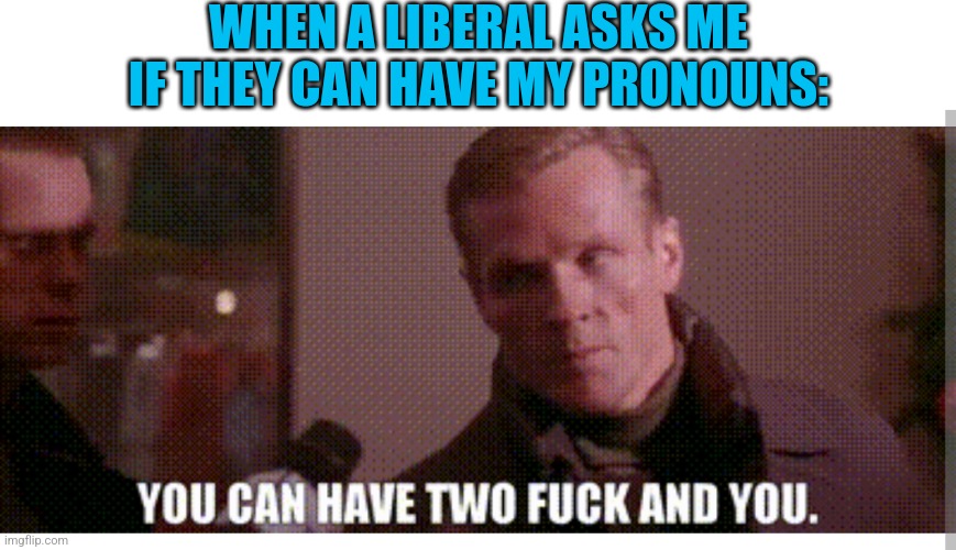 MY PRONOUNS | WHEN A LIBERAL ASKS ME IF THEY CAN HAVE MY PRONOUNS: | image tagged in die hard,pronouns,liberals,politics | made w/ Imgflip meme maker