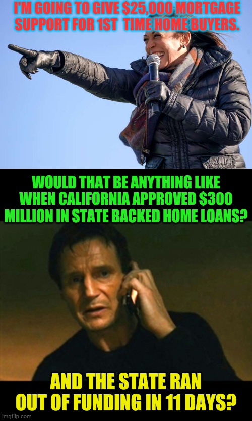 When You Do The Same Thing And Expect Different Results... | I'M GOING TO GIVE $25,000 MORTGAGE SUPPORT FOR 1ST  TIME HOME BUYERS. WOULD THAT BE ANYTHING LIKE WHEN CALIFORNIA APPROVED $300 MILLION IN STATE BACKED HOME LOANS? AND THE STATE RAN OUT OF FUNDING IN 11 DAYS? | image tagged in kamala harris pointing,liam neeson taken lighter,pay,home,memes,politics | made w/ Imgflip meme maker