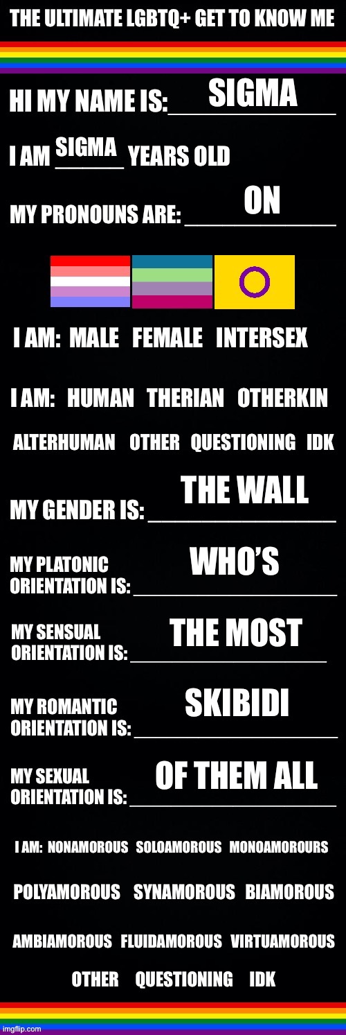 The ultimate LGBTQ+ get to know me | SIGMA; SIGMA; ON; THE WALL; WHO’S; THE MOST; SKIBIDI; OF THEM ALL | image tagged in the ultimate lgbtq get to know me | made w/ Imgflip meme maker