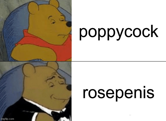 sounds about right | poppycock; rosepenis | image tagged in memes,tuxedo winnie the pooh,real | made w/ Imgflip meme maker