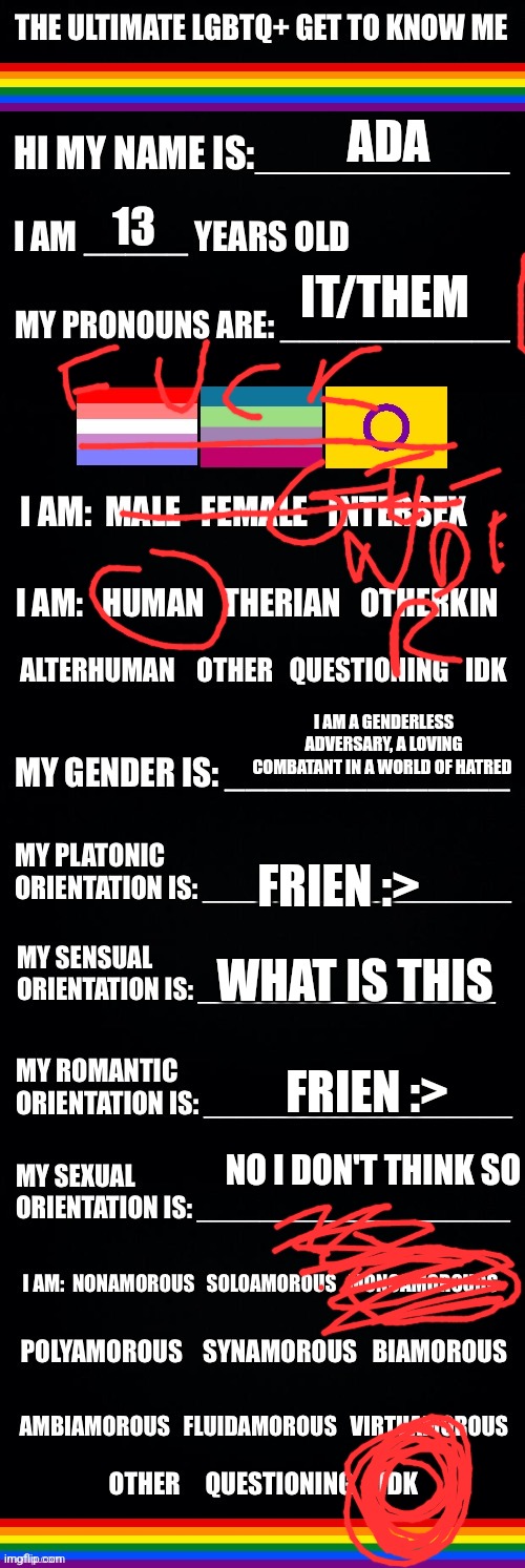 Everyone's doing this | ADA; 13; IT/THEM; I AM A GENDERLESS ADVERSARY, A LOVING COMBATANT IN A WORLD OF HATRED; FRIEN :>; WHAT IS THIS; FRIEN :>; NO I DON'T THINK SO | image tagged in the ultimate lgbtq get to know me | made w/ Imgflip meme maker