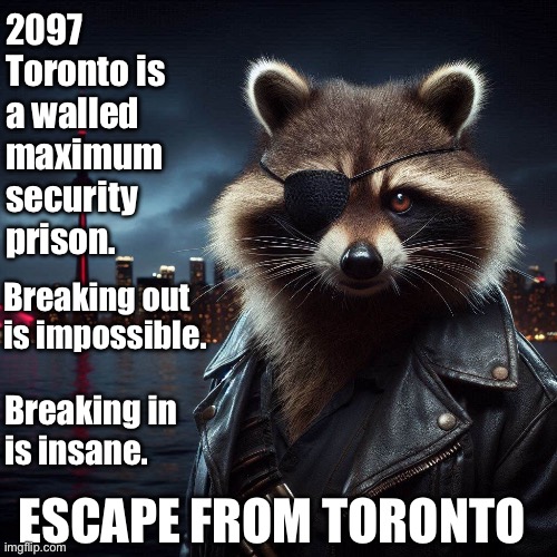 Escape From Toronto | 2097
Toronto is 
a walled
maximum 
security 
prison. Breaking out 
is impossible. Breaking in
is insane. ESCAPE FROM TORONTO | image tagged in raccoon,toronto,escape,new york,kurt russell | made w/ Imgflip meme maker