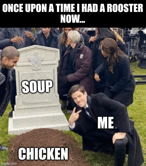 Grant Gustin over grave | ONCE UPON A TIME I HAD A ROOSTER
NOW... SOUP; ME; CHICKEN | image tagged in grant gustin over grave | made w/ Imgflip meme maker