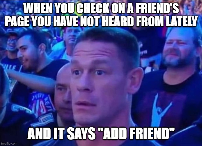 "Add Friend" | WHEN YOU CHECK ON A FRIEND'S PAGE YOU HAVE NOT HEARD FROM LATELY; AND IT SAYS "ADD FRIEND" | image tagged in add friend,facebook | made w/ Imgflip meme maker