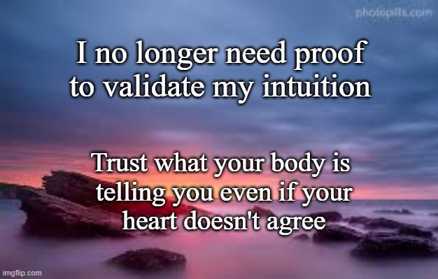 intuition | I no longer need proof 
to validate my intuition; Trust what your body is 
telling you even if your
heart doesn't agree | image tagged in trust | made w/ Imgflip meme maker