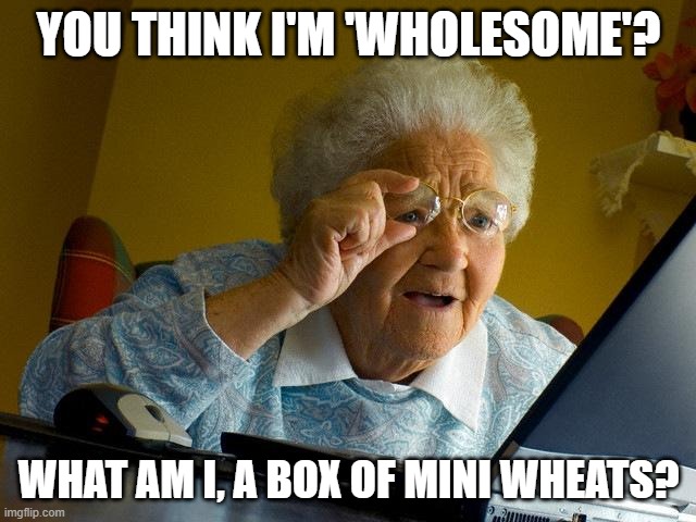 Grandma Finds The Internet Meme | YOU THINK I'M 'WHOLESOME'? WHAT AM I, A BOX OF MINI WHEATS? | image tagged in memes,grandma finds the internet | made w/ Imgflip meme maker