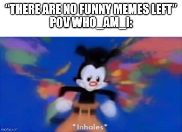 Yakko inhale | “THERE ARE NO FUNNY MEMES LEFT”
POV WHO_AM_I: | image tagged in yakko inhale | made w/ Imgflip meme maker