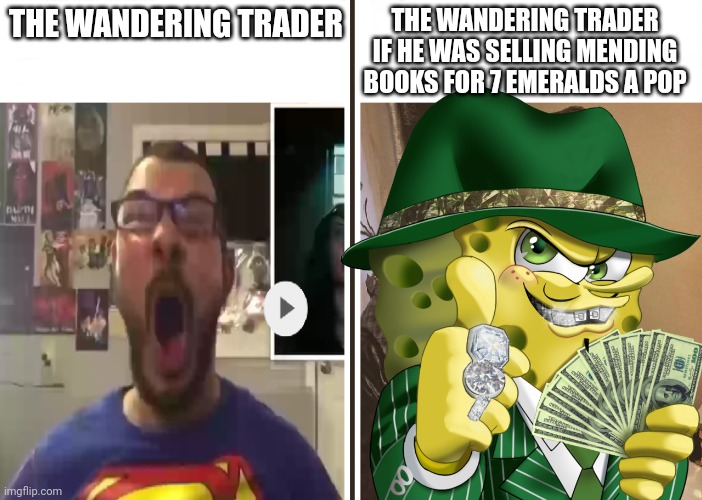 Average Fan vs Average Enjoyer | THE WANDERING TRADER; THE WANDERING TRADER IF HE WAS SELLING MENDING BOOKS FOR 7 EMERALDS A POP | image tagged in average fan vs average enjoyer | made w/ Imgflip meme maker