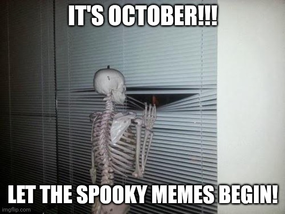 Skeleton Looking Out Window | IT'S OCTOBER!!! LET THE SPOOKY MEMES BEGIN! | image tagged in skeleton looking out window | made w/ Imgflip meme maker