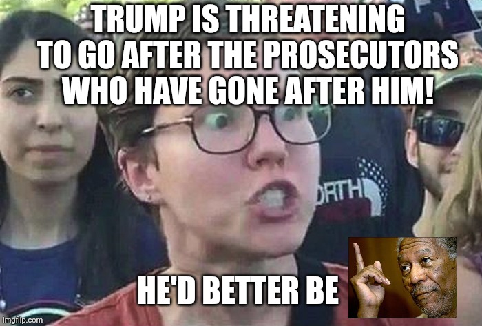 Triggered Liberal | TRUMP IS THREATENING TO GO AFTER THE PROSECUTORS WHO HAVE GONE AFTER HIM! HE'D BETTER BE | image tagged in triggered liberal | made w/ Imgflip meme maker