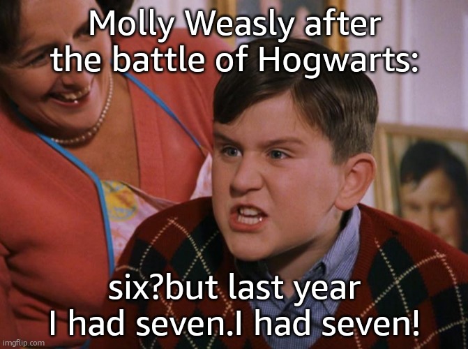 I…don't have a name for this. | Molly Weasly after the battle of Hogwarts:; six?but last year I had seven.I had seven! | image tagged in harry potter dudley's birthday,harry potter,hehehe,hahahaha | made w/ Imgflip meme maker