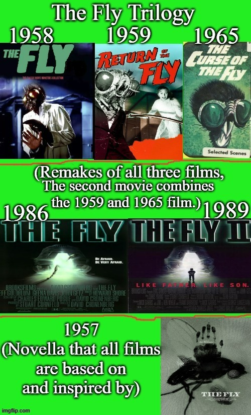 The Fly Trilogy and The Fly Duology (Remakes) | image tagged in the fly,george langelaan,vincient price,david hedison,google images | made w/ Imgflip meme maker