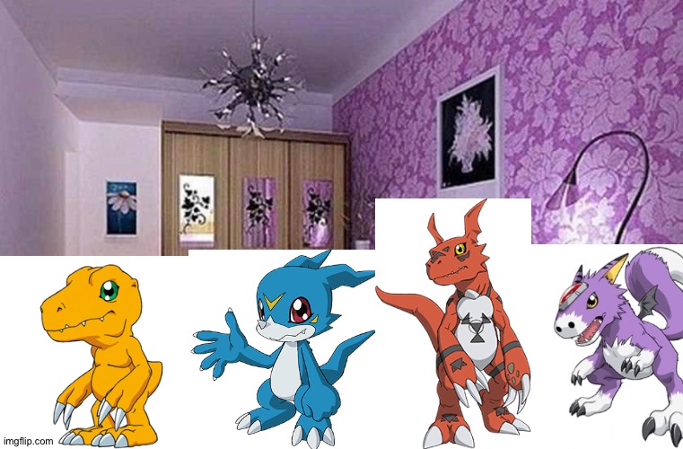 Agumon and Friends having a slumber party in their house | image tagged in pink bedroom,digimon,anime | made w/ Imgflip meme maker