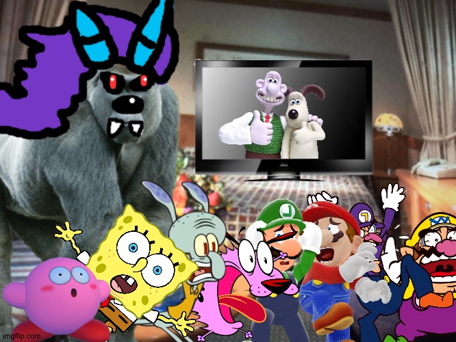 Wario and Friends dies by a Giant Demon gorilla because of a EAS while watching Wallace and Gromit in their house | image tagged in cruise ship bedroom,wario dies,crossover | made w/ Imgflip meme maker