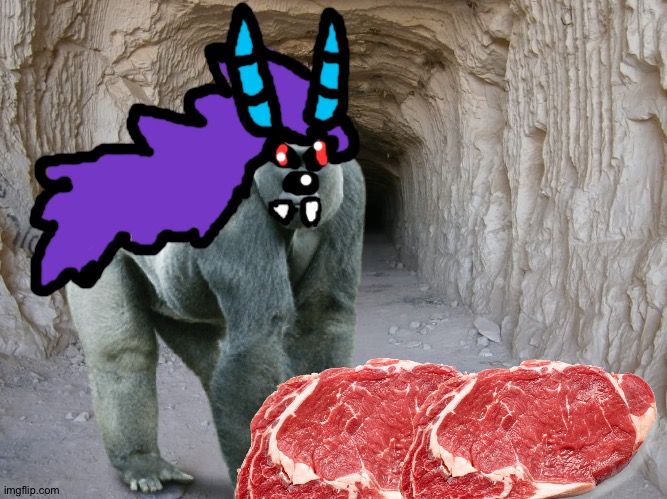 A Giant demon gorilla eating meat in a cave | image tagged in cave | made w/ Imgflip meme maker